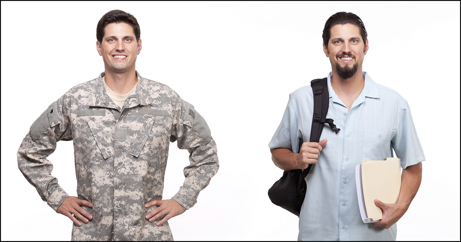 Portrait of a soldier and a young man with backpack and document