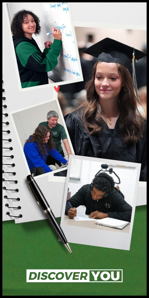 "A promotional collage with a scrapbook-style design showcasing various stages of the educational journey. The background is green with a spiral notebook edge on the left and a fountain pen diagonally placed. Featured photos include: a student writing on a whiteboard, a graduate in a black gown and mortarboard, a student studying with headphones and a laptop, and a mentor assisting a student. The largest photo is of the graduate, emphasizing achievement. The bottom banner reads 'DISCOVER YOU' in bold white text within green boxes, highlighting personal growth and academic success." Create a social media post using this image Write an email to promote academic programs 