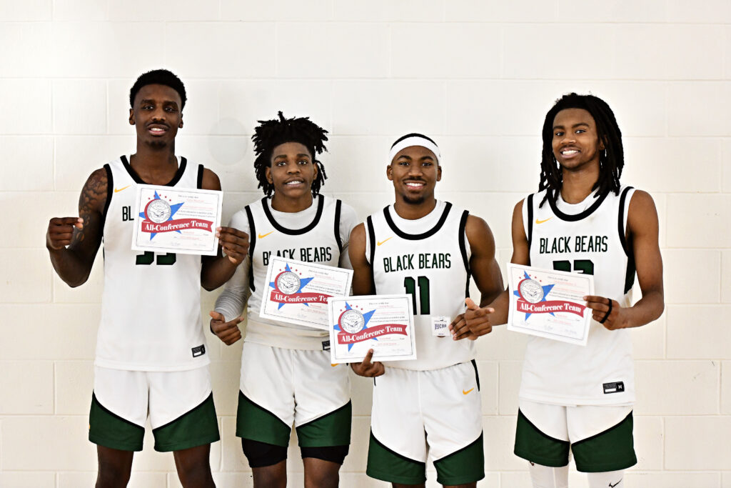 Victor Raymond, BJ Lavender, Ahmad Boone, and Desmond Handon Jr., pose with their All-Conference Awards following the WPCC/Region 20 Tournament Championship, Saturday, Feb. 21, 2026, at Butler County Community College.