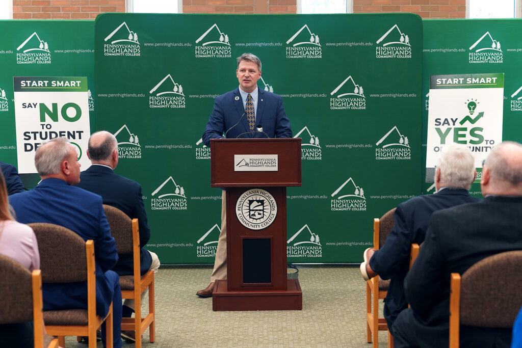 Pennsylvania Highlands President Dr. Steve Nunez speaks during the Smart Start Promise Program press conference on April 16, 2026.