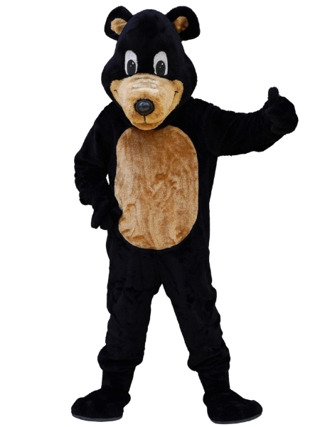 A black bear mascot costume posed against a white background. The costume features black plush fur with tan accents on the muzzle, inner ears, and chest. The bear has large, friendly eyes, a rounded black nose, and a subtle smile. The left arm is extended in a thumbs-up gesture, while the right hand rests on the hip, conveying a cheerful and confident demeanor.