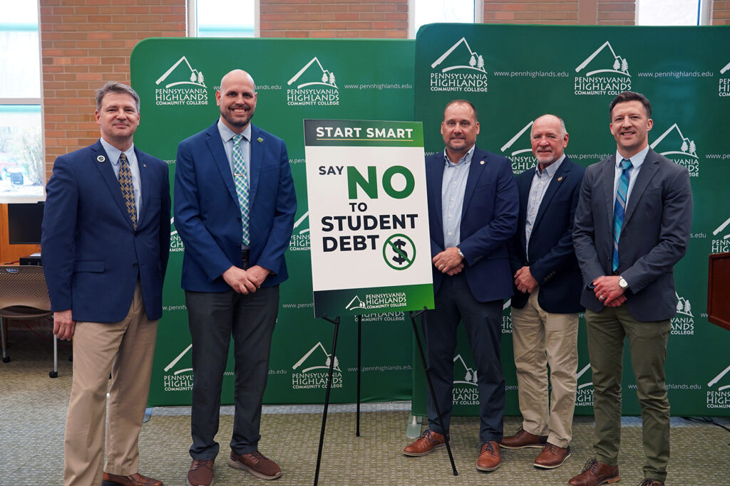 Pennsylvania Highlands President Dr. Steve Nunez (left), Cambria County President Commissioner Scott Hunt, Senator Wayne Langerholc, PA Representative Jim Rigby, and 1889 Foundation Board Member Trevor Anderson pose for a photo following the Smart Start Promise Program press conference on April 16, 2026.